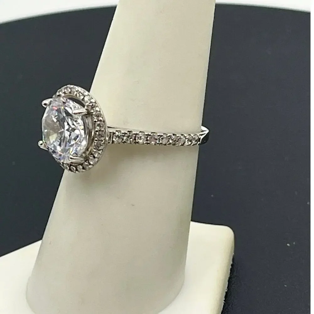 IBB 925‎ Silver Sparkling Cubic Zirconia Halo Solitaire Accent Ring Sz 7.5